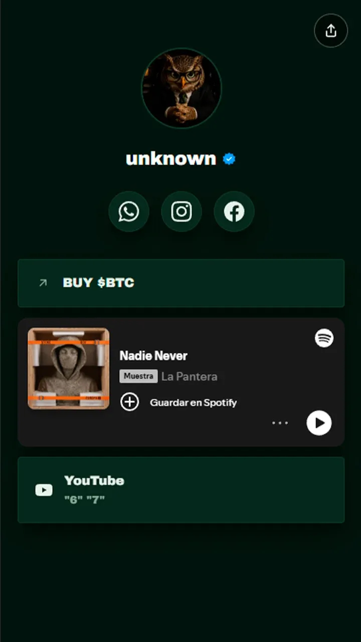 Real AuraBio page example — dark green theme with crypto link and music embed