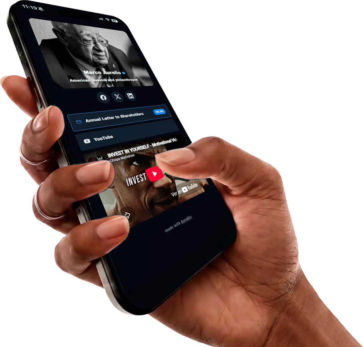 AuraBio public page open on a phone, showing a profile with a paid download and an embedded YouTube video